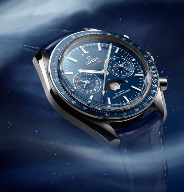 blue bezel fake Omega Speedmaster Moonphase Co-axial Master Chronometer Chronograph
