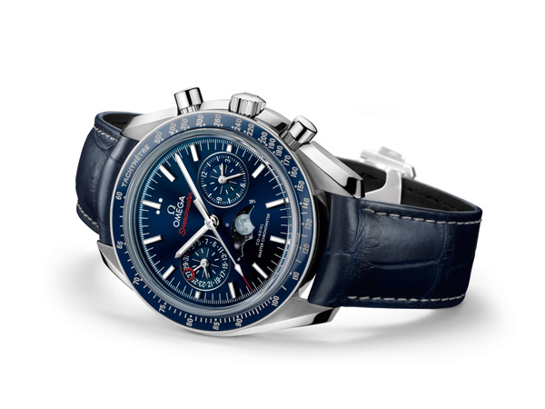 blue leather strap fake Omega Speedmaster Moonphase Co-axial Master Chronometer Chronograph