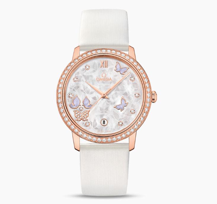 The 36.8 mm fake watches are made from red gold and decorated with diamonds.