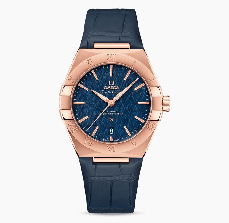 The 39 mm fake watches have blue leather straps.